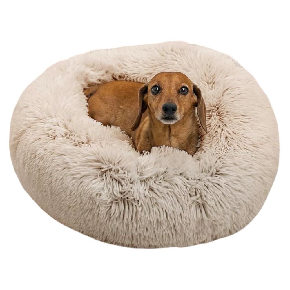 BEST FRIENDS BY SHERI TAUPE DONUT SHAG PET BED – 23" x 23" x 7" – CALMING DESIGN